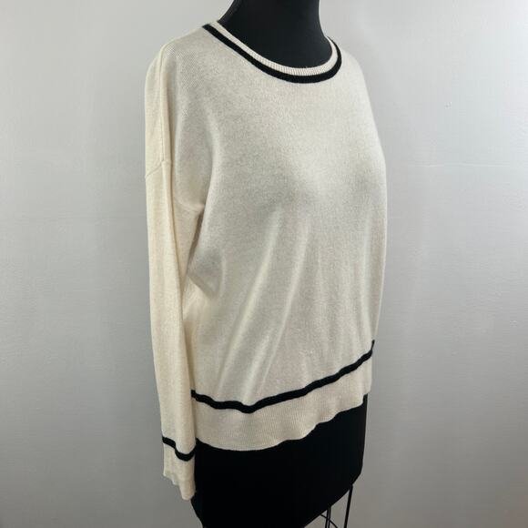 RACHEL ZOE Cashmere Knit Cream Sweater Black Stripe Trim Crew Pullover S Small - Picture 2 of 6
